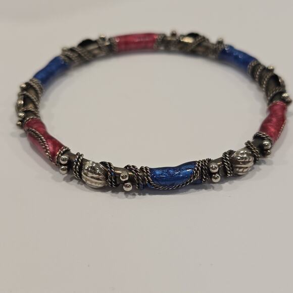 Vintage Boho Ornate Pink Blue Enamel Silver Wire Wrapped Bangle Bracelet - Picture 2 of 14